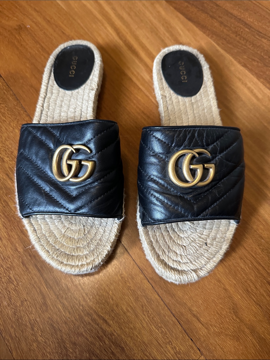 Gucci Black Quilted Leather Gg Espadrille Slide Mules With Gold Logo